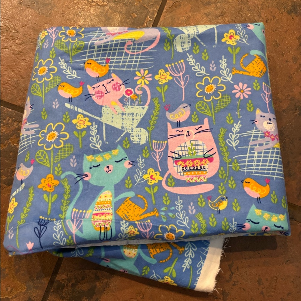 Colorful Cat and Bird Patterned Flannel fabric